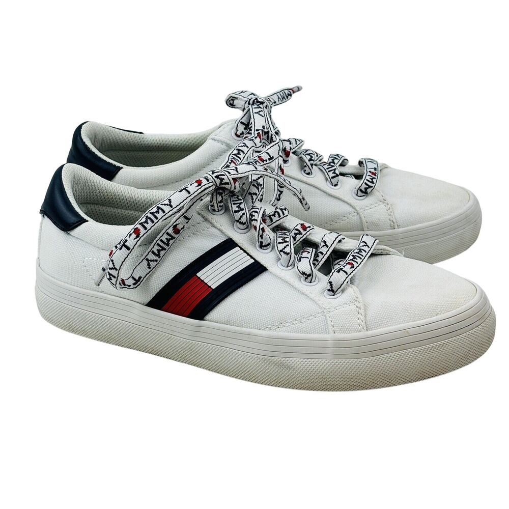 Womens 8.5 Tommy Hilfiger Fantim Sneakers White Canvas Low Casual Spellout Laces